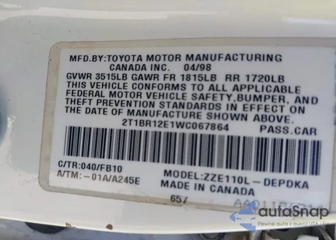 1998 Toyota Corolla Ce из США, поврежденный, VIN 2T1BR12E1WC067864